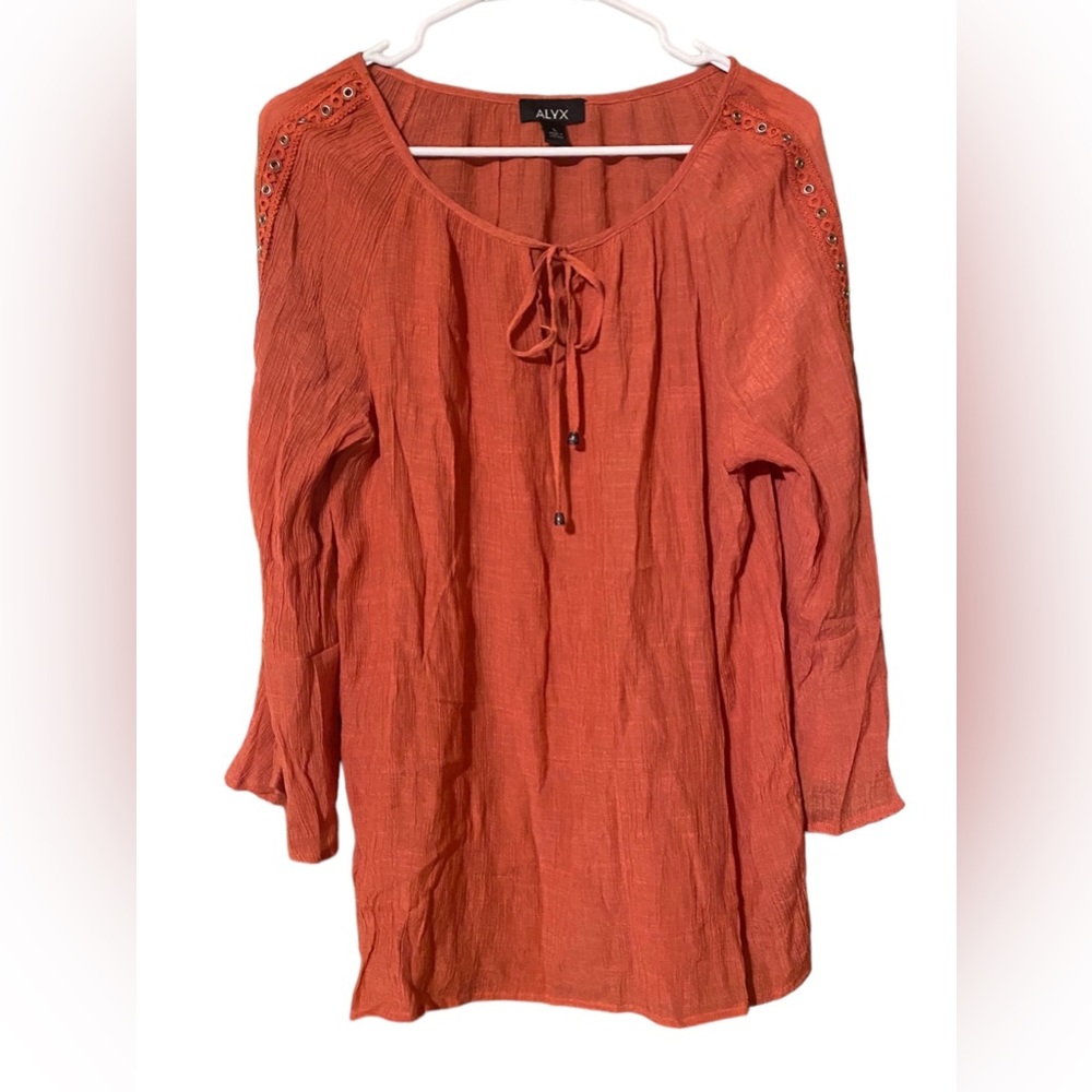 ALYX BoHo Peasant Top Womens Large Semi-Sheer Blouse Flowy Orange Crinkly Gauzy
